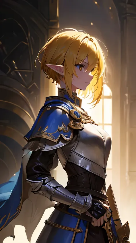 ((best quality)), ((masterpiece)), (detailed), perfect face, perfect detailed eyes, perfect detailed face, ultra-detailed nose, yellow hair, messy hair, hair over eyes, short hair, pale skin, forehead mark, pointy ears, cinematic lighting, chiaroscuro, elf...