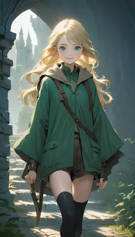 (((((girl))))), masterpiece, Super detailed, 8K Portrait, RAW Photos, Female portrait photography, whole body, Highly detailed smile, ((Fantasy)), (((The Hobbit))), 15 years old, 110cm, (((thief))), ((White skin)), Greenish blonde twin tails, (((A long dar...