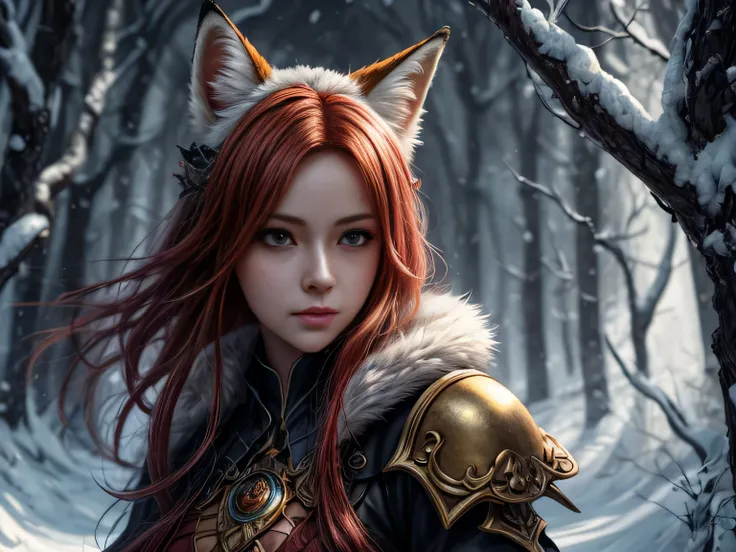 (best quality, 8k, masterpiece, hdr, soft lighting, picture perfect, realistic, vibrant), foxgirl with red hair and little fox l...