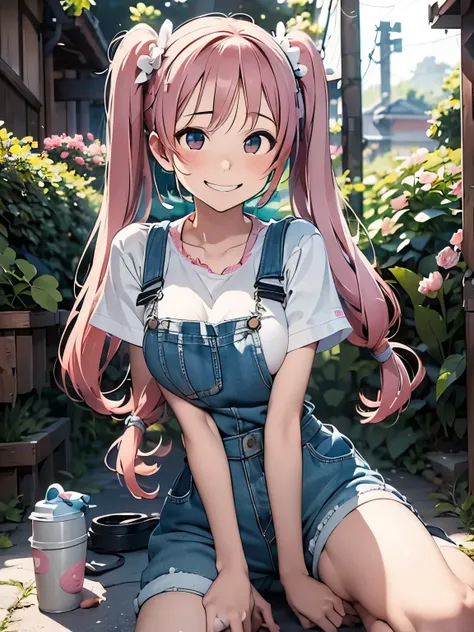 (masterpiece、highest quality、highest quality、Official Art、Beautiful and beautiful:1.2)、(One girl:1.3)Hatsune Miku、Twin tails,Big Breasts,masterpiece,highest quality, 1 girl,alone,Urarakaharu,Work clothes,Overalls Shorts,Flower-shaped pupil,change,Pink Shir...