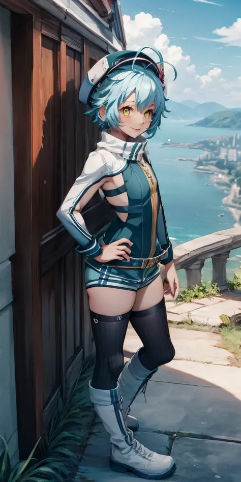 a woman standing at a symmetrical low angle, from below, barefoot, smiling lustfully with red blush, hands on hips, big knockers (high quality, best render), (beautiful girl, cammy)
score_9, score_8_up, score_7_up, source_anime,
BREAK,
Millium Orion, blue...
