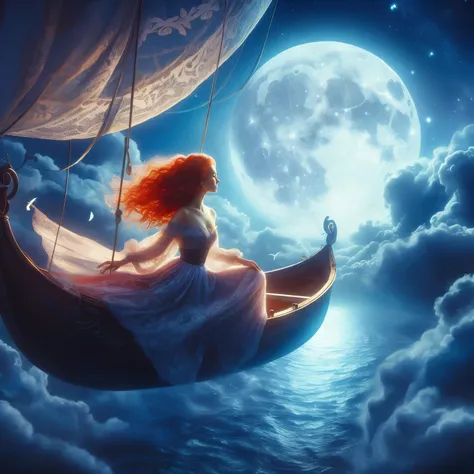 beautiful red-haired woman riding in a magical flying boat across the nights sky, full blue moon wanderlust mystery and poetry of love travail and adventure 8k resolution