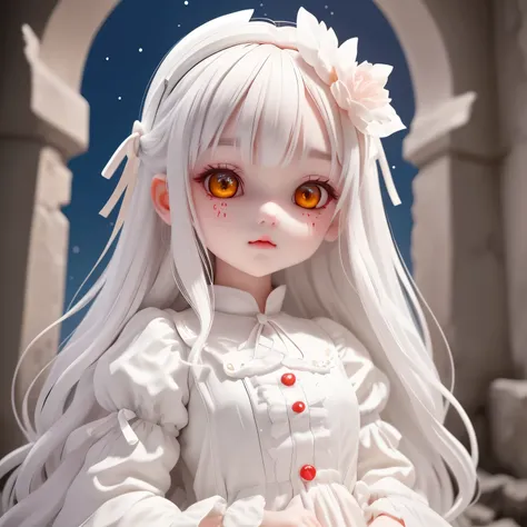 Very cute ball-jointed doll, life-size bjd, white ceramic bjd, big red glowing ruby eyes, whole body, smooth silk hair, chinon hair, white gothic lolita, 18 years old, High-flying look, in the dark ruins, midnight, beautiful appearance that emerges in the ...