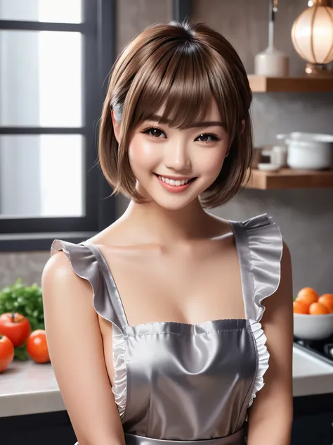 product quality, 1girl, full body shot, front view, a Japanese young pretty girl, short hair, wearing only a silky satin frilled gray apron over her naked with a big smile, cooking in a kitchen, glamorous figure, busty, hyper cute face, glossy lips, double...