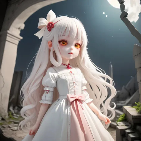 Very cute ball-jointed doll, life-size bjd, white ceramic bjd, big red glowing ruby eyes, whole body, smooth silk hair, chinon hair, white gothic lolita, 18 years old, High-flying look, in the dark ruins, midnight, beautiful appearance that emerges in the ...