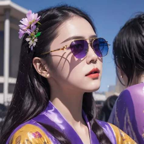 🌺 wearing a purple outfit and sunglasses with a purple choke, trending on cgstation, artwork in the style of guweiz, inspired by...