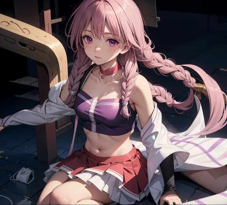 1 girl, open your mouth, blush, cosmetic, a faint smile, purple and white gradient double braids, red eyes, crop top, skirt, lig...