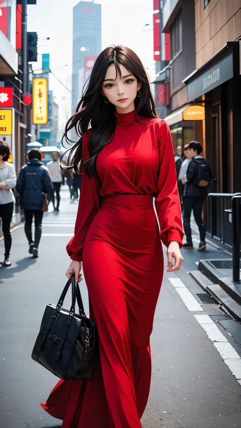 beautiful black-haired girl with brown eyes and long hair in elegant red dress walking on the streets of tokyo at night