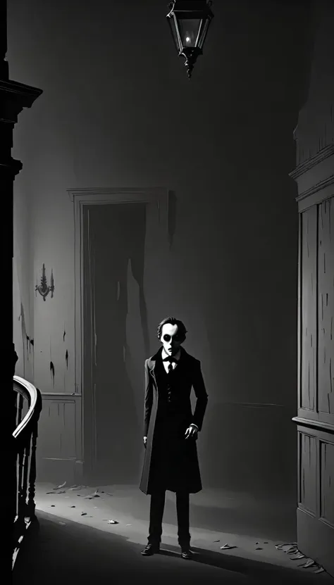 Gothic art depicting shadowy figures lurking in an old Victorian mansion, Structure of the film.