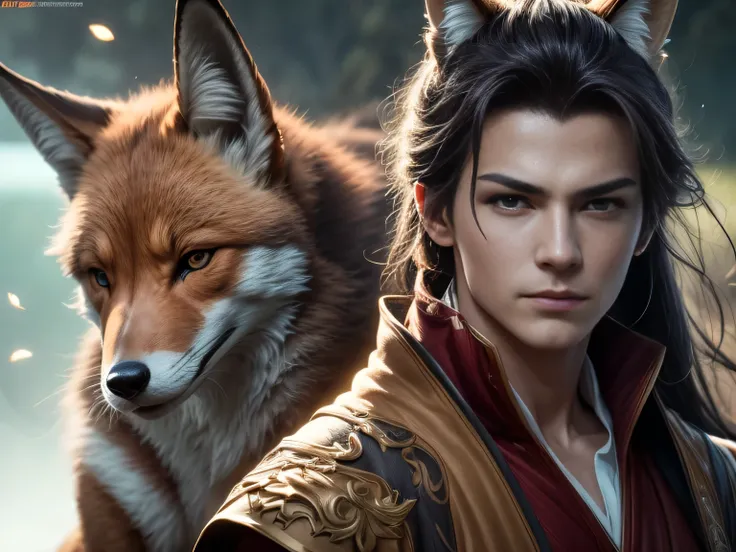 (best quality, 8k, masterpiece, hdr, soft lighting, picture perfect, realistic, vivid), black-haired guy with fox ears and baby ...