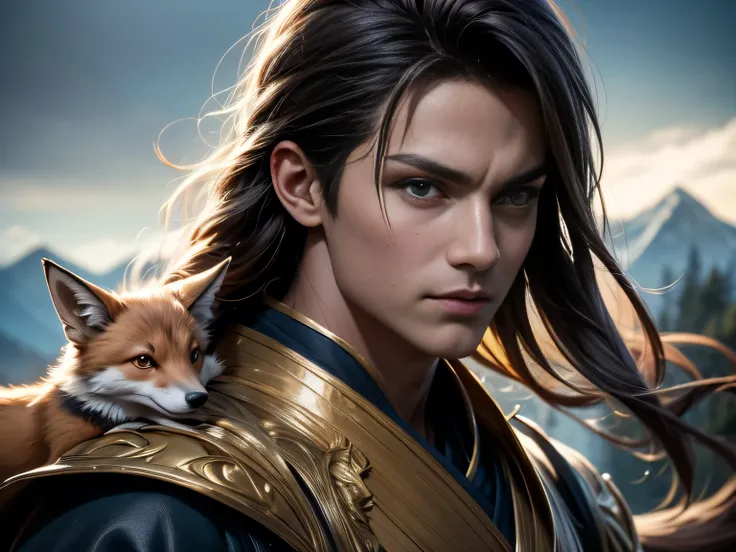 (best quality, 8k, masterpiece, hdr, soft lighting, picture perfect, realistic, vivid), black-haired guy with fox ears and baby ...