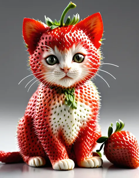 cat, detailed realistic close up of a strawberry shaped like a kitten, sitting, natural light, strwbrrxl