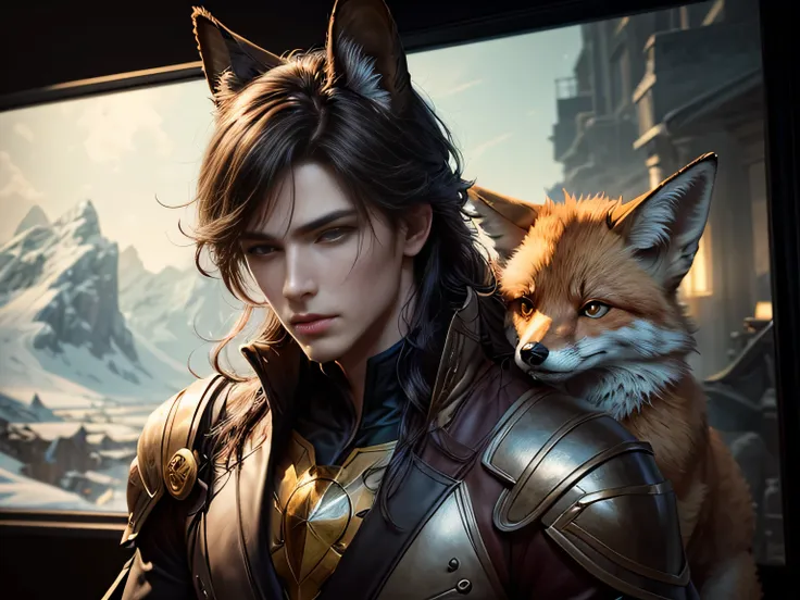 (best quality, 8k, masterpiece, hdr, soft lighting, picture perfect, realistic, vivid), black-haired guy with fox ears and baby ...