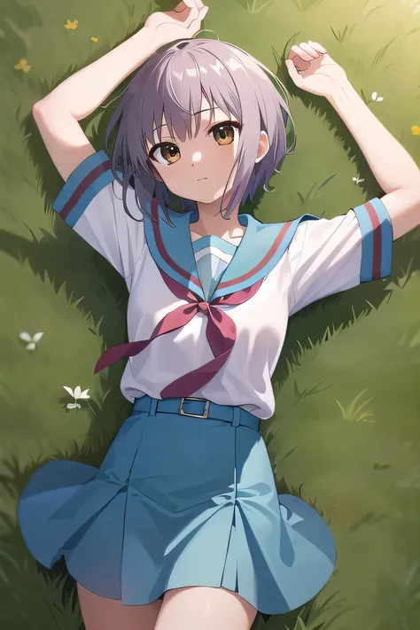 masterpiece, best quality, highres, ny1, , blue sailor collar, serafuku, skirt, blue skirt, short sleeves, white shirt, cowboy shot, lying, on back, on grass, spread arms, closed mouth, expressionless,