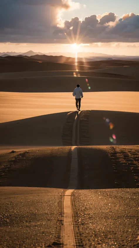 a man walks confidently towards the horizon, empty the miles, emitting warm light. vast landscape, symbolizes endless possibilit...