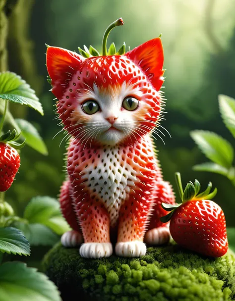 strwbrrxl, cat, detailed realistic close up of a strawberry shaped like a kitten, sitting, fantasy forest background, natural li...