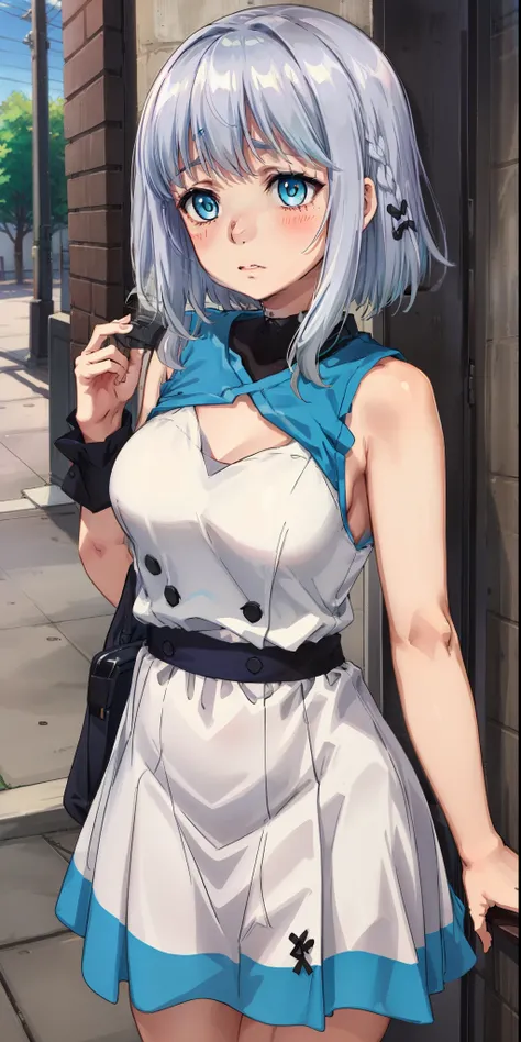 1 girl, kanon kanase, blush, medium breasts, sleeveless,((cowboy_shot, random dress)), 30-year-old, healthy skin, silver hair.