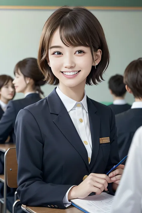 205 ((short hair)), １７Old woman, College uniforms、Blazer uniform、Worn uniform、smile、Beautiful teeth alignment、Black Hair、ear piercing、Looking into the camera, The background is the classroom