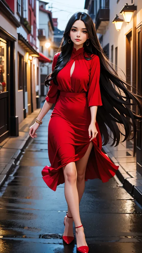 Beautiful black-haired girl with brown eyes and long hair wearing sexy red dress walking through the streets of Quito at night