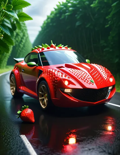 strwbrrxl strawberry shaped like a sports car on a windy road, very detailed, atmospheric lighting, 4k, uhd, masterpiece