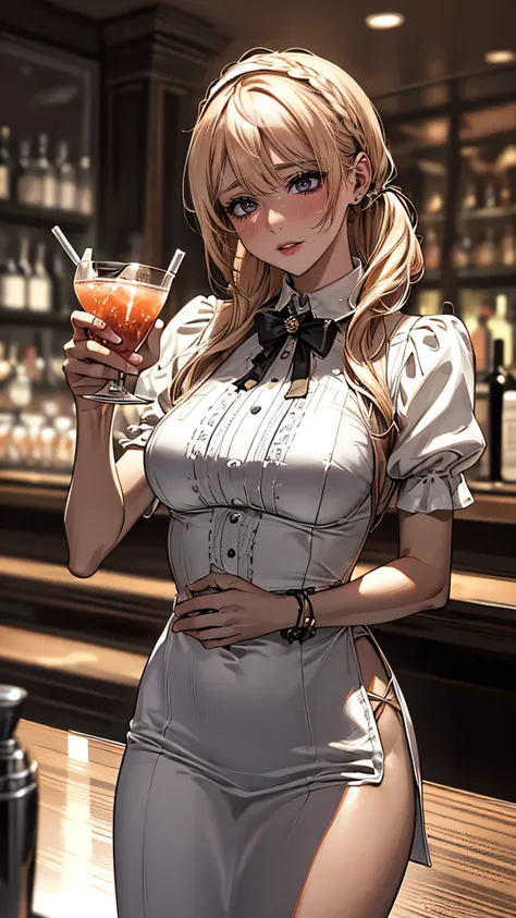 (hotel bar counter,female bartender,(shake a cocktail using a shaker)),white blouse,(ebony skin:1.2),(thin type:1.8),(big breast...