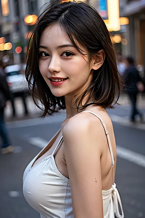 (8k, RAW Photos, highest quality, masterpiece, Realistic, Realistic), (1 female), (Ultimate beauty), Highly detailed face, (Perfect Teeth), Beautiful Eyes, double eyelid, eyelash, smile, Lip details, (Neat brunette bob), The light shines on your face, (Big...