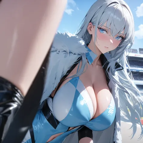 a woman wearing an ice blue race queen outfit, women's leather boots, wearing a light blue fur cape, big breasts, ice white hair...