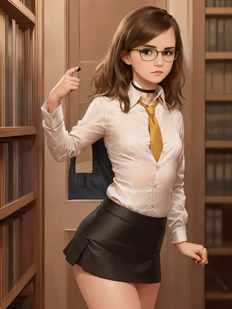 Emma Watson, (masterpiece quality, (masterpiece quality:1.3), realistic, (realistic:1.3), 1girl, (1girl:1.9), solo, (solo:1.9), in a library, bookshelves in background be, wearing lawyers suit, (wearing business jacket:1.5), wearing white blouse, (wearing ...