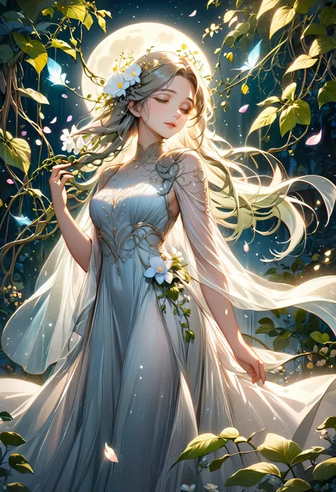 a beautiful goddess in a moonlit garden, detailed flower petals, intricate vines and foliage, stunning moon rays, cinematic lighting, ethereal atmosphere, elegant flowing dress, serene and tranquil,ultra-detailed,portrait,ambient lighting,delicate colors,m...