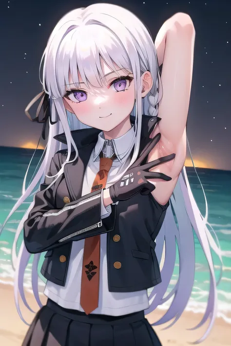 masterpiece, best quality, Kyoko,  purple eyes, purple hair, long hair, braid,  black gloves, purple jacket, purple skirt, brown necktie, white shirt, 1girl, closed mouth, solo, upper body, night sky, beach, arms behind head, contrapposto, spread armpits, ...