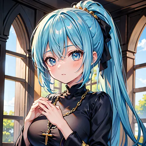 Anime Moe Art Style,highest quality,High resolution,Anatomically correct,One Girl,Mid-teens,A girl with light blue hair in a ponytail,Super detailed,Fantasy World,Sister,Monastic Clothes,Big Breasts,A rich expression,A tense face,Put your hands together,Th...