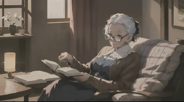 a woman sits in a chair and reads a book, artwork in the style of Gouvez, old lady, an old lady, Gouvez, inspired by senior character artist, Gouvez on pixiv artstation, Gouvez on artstation pixiv, An old woman, high quality portrait, Gouvez masterpiece, d...