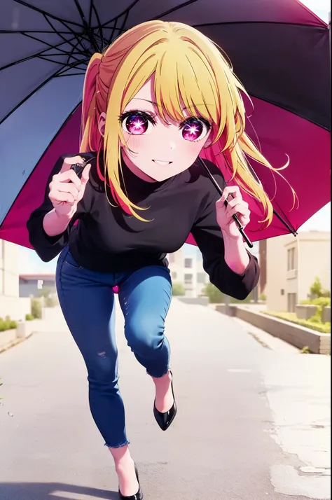 rubyhoshino, Hoshino Ruby, Long Hair, bangs, Blonde Hair, (Pink Eyes:1.3), Side Lock, (Symbol-shaped pupil:1.5), Multicolored Hair, Two-tone hair, smile,Cordo shoulder top,Skinny jeans,Stiletto heels,rain,black umbrella,Cloudy,whole bodyがイラストに入るように,Walking...