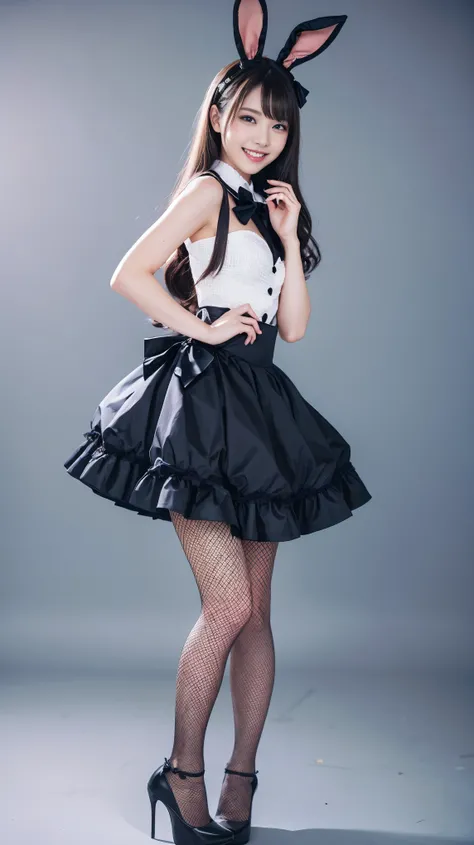 Bunny girl in maid costume:1.5，Wearing light blue fishnet tights:1.5，The best smile:1.5，Full Body Shot:1.5，Gray background:1.5，Wearing black high heels:1.5，