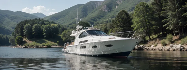 water on the left, on the right in the center is a beautiful modern white boat,   in the background there is a forest and small mountains