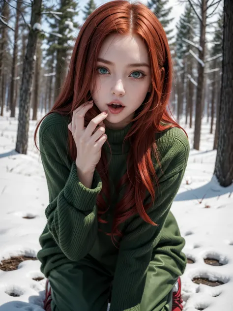 Hot girl, red hair, green eyes, winter clothes, licking your own fingers, kneeling