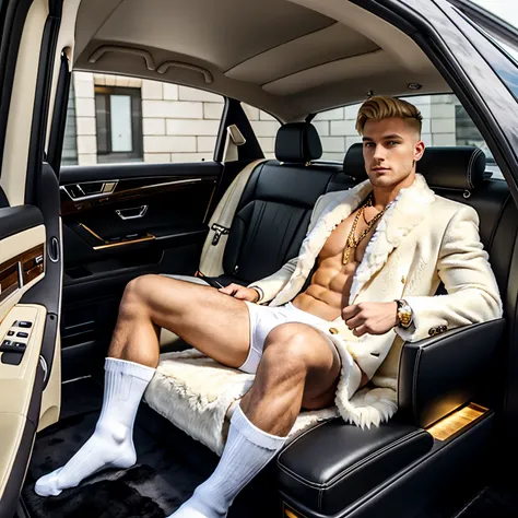 full body, A beautiful White wealthy blond man with stylish preppy undercut haircut, massive inflated siliconed, wearing gold rings, necklaces, bracelets, wearing a Fox fur coat and Fox fur hat, belgian elegant loafers and white socks, is lying next to a p...