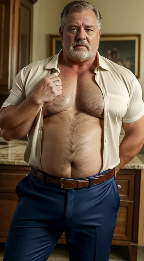 (best quality,4k,8k,highres,masterpiece:1.2), age 60, white man detective , horny disgusting, muscular chubby, kind, open shirt, mature daddy, Dress Pants with big hard bulge, hairy chest hard nipple, belt, loafer,