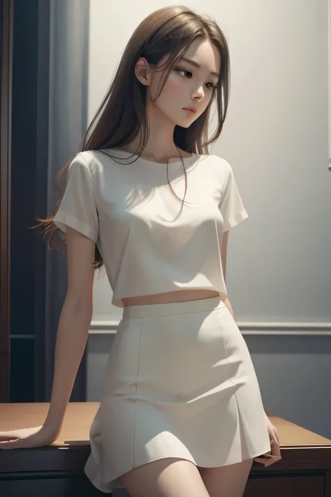 Real、Long legs、full、Feminine、White shirt、mini skirt、High heels,Very delicate face,Realistic lighting and shading, (Very delicate and beautiful art)1.3, Elegant,Dramatic Shadows、Very detailed。high quality、High resolution、16km race、Raw、超High resolution、Ultra...