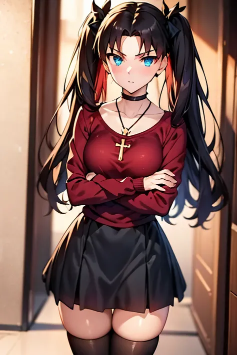 
tohsaka rin, long hair, twintails, blue eyes, fully clothed, black skirt, red sweater, cross necklace, high quality,