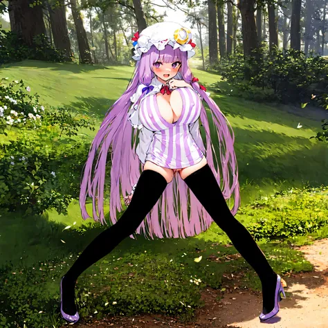 (solo), (Patchouli toho character:1.3), (standing at lakeside forest alone), outside, (standing with open legs wide:1.3), (arms behind back), swaying back, stretch legs, tiptoe, BREAK, (disproportionately gigantic huge breasts:1.3), cleavage, inconceivably...