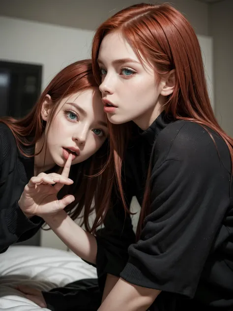 Hot girl, red hair, green eyes, black clothes, licking your own fingers