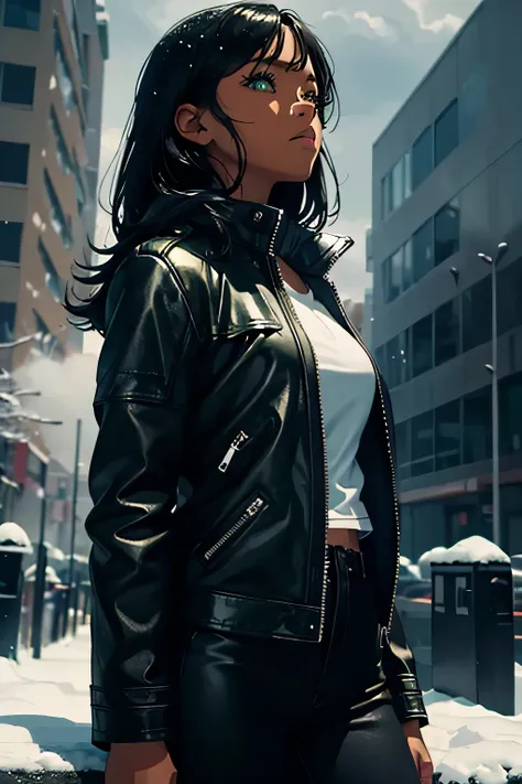 1girl solo, dark skin tone, black hair, green eyes, (detailed) black leather jacket 
Background: snowy, she’s looking to the sky, cloudy skies, 