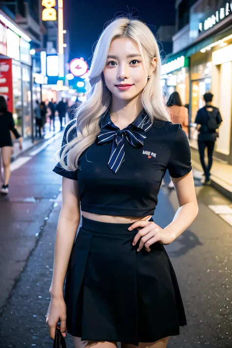 (8k, RAW photo, best quality, mastery:1.3),(realistic,photo-realistic:1.37),(night),(looking viewer:1.331),(white hair),posing,Tokyo street,nightcityscape,cyberpunk city,soft light, 1girl, extremely beautiful face, perfect body proportions, focal length, b...