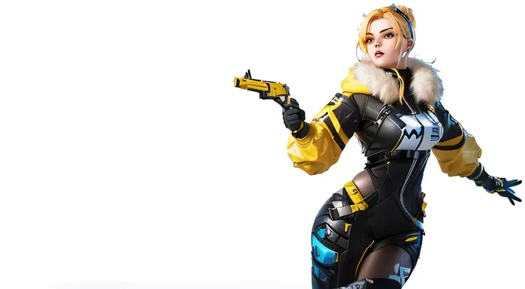 a woman in a yellow and black outfit holding a gun, as an overwatch character, kda, as overwatch character, sigma female, from overwatch, lucio as a woman, lovely brigitte from overwatch, overwatch character, brigitte from overwatch, ashe, female lucio, me...