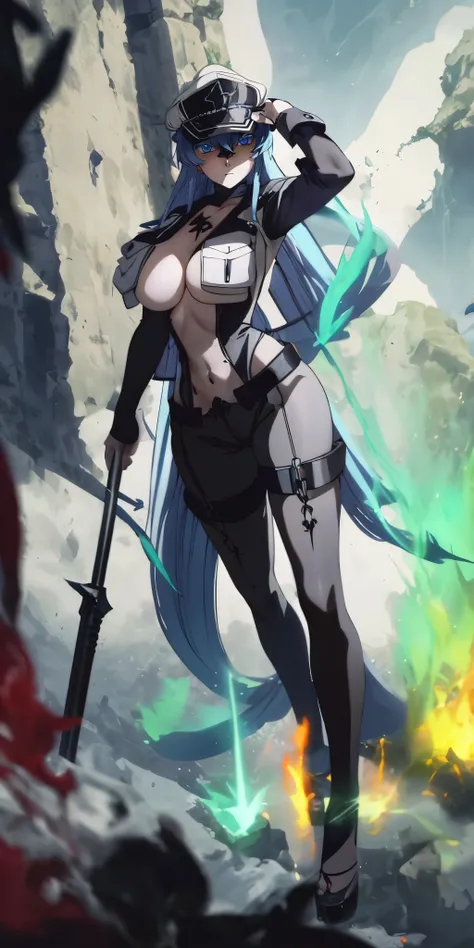 Esdeath, breasts, long hair, blue hair, blue eyes, hat, solo, very long hair, peaked cap, anatomically correct, heavy breathing, mature female, 1girl, covered navel, breasts, solo, full_body, weapon, standing, jewelry, black_bodysuit, bodysuit, large_breas...