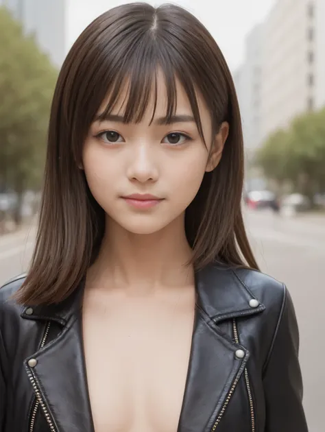 One Girl, (Beautiful girl, Delicate girl:1.3), (13 years old:1.3), break, (Black leather jacket, publish nudes), break, Very fine grain definition, (Symmetrical eyes:1.3), break, (Street Snap:1.3), perfectly trimmed fingers, break, Small breasts, Brown eye...