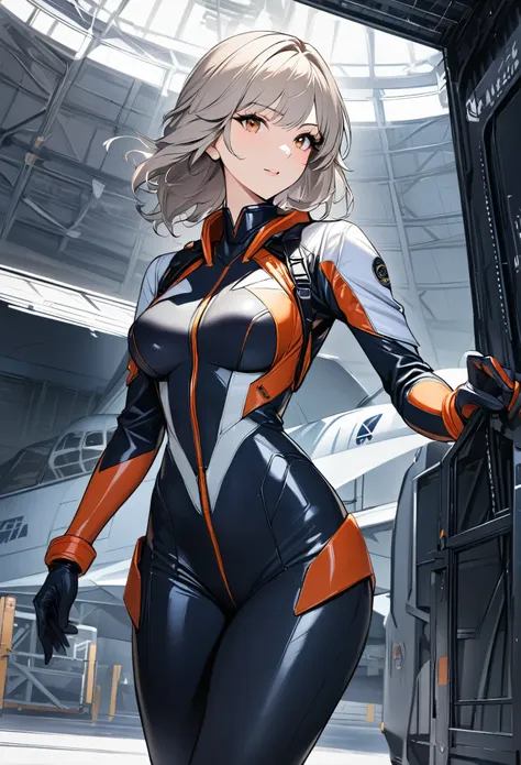 (((master piece highest quality unity 16k))),(((tight pilot suit))),1 woman,(veteran female pilot),dignified expression,(((fight...