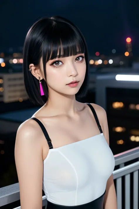 ((Rooftop of a building: 1,3)), ((Goth_punk, alone, Medium Shot, Walking the rooftops of Harajuku, ((night)), Blur, Neon Light, Rainbow Eyes, Starry Sky, Shiny black hair, White eyebrows, Shiny Hair, (Rainbow black hair), Earring, good, jewelry, Blunt bang...