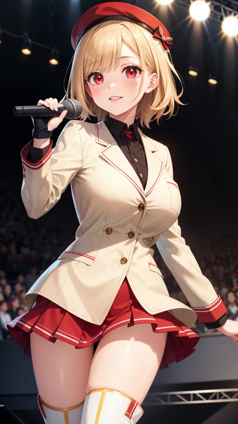 masterpiece, ultra-detailed, illustration, game cg, best quality, highres, kitagawa marin, 1girl, short fluffy blonde hair, swept bangs, gradient hair, red eyes, glossy lips, light smile, blush, large breasts, hat, red puffy miniskirt, white blazer, red th...